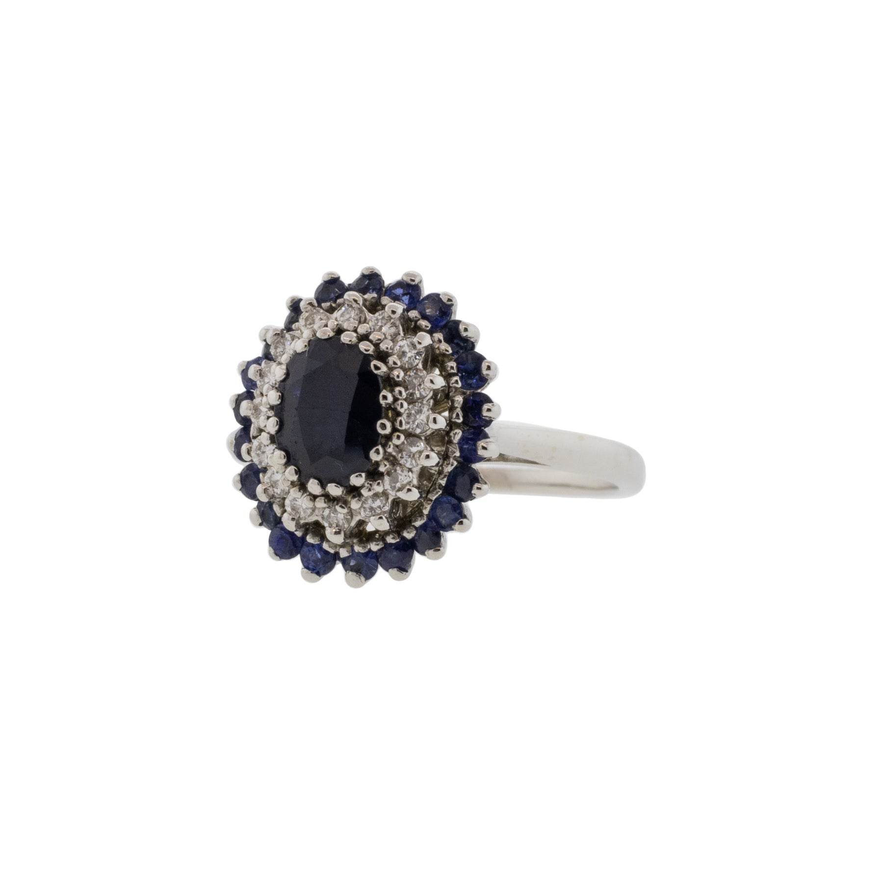 White Gold Blue Sapphire and Diamond Double Halo Ring