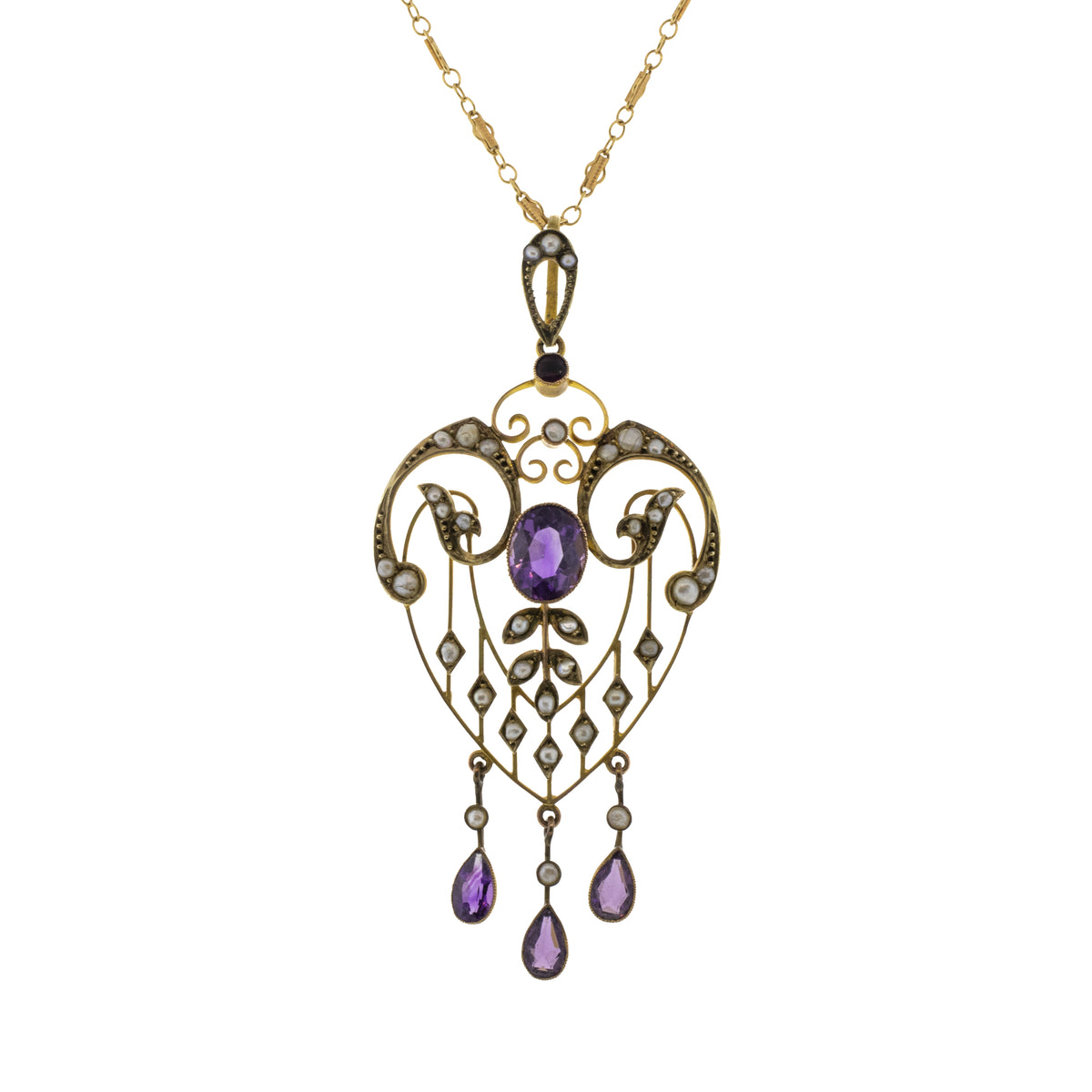 Edwardian Art Nouveau Pearl and Amethyst Heart Pendant and Chain
