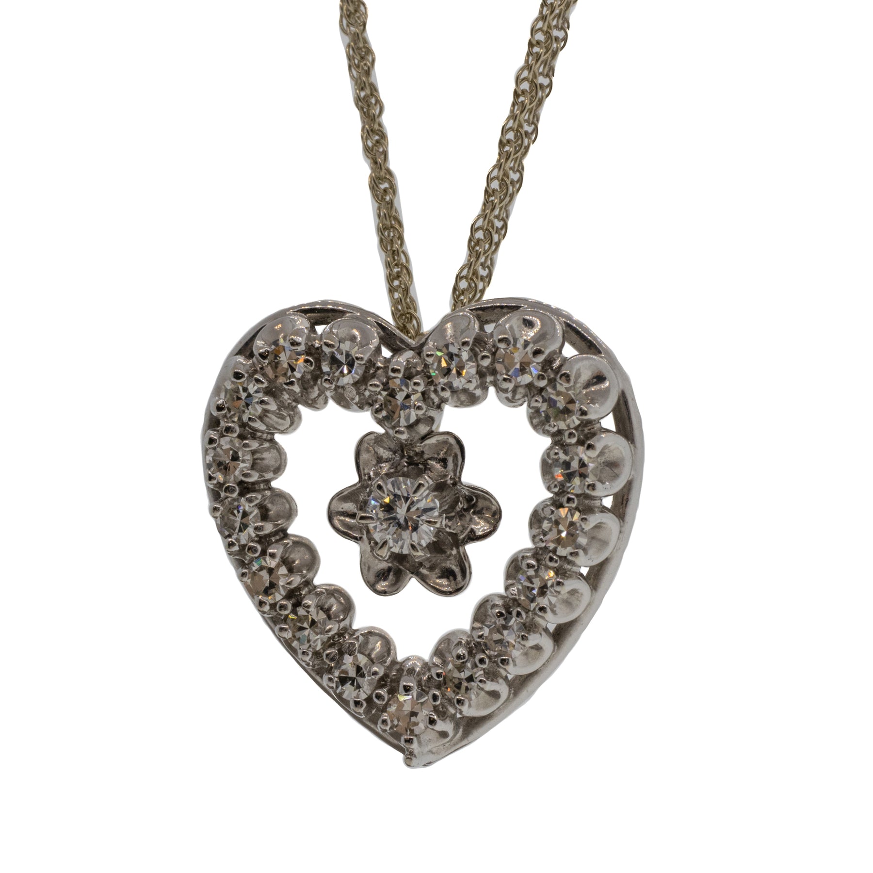 Mid-Century Diamond Heart White Gold Necklace