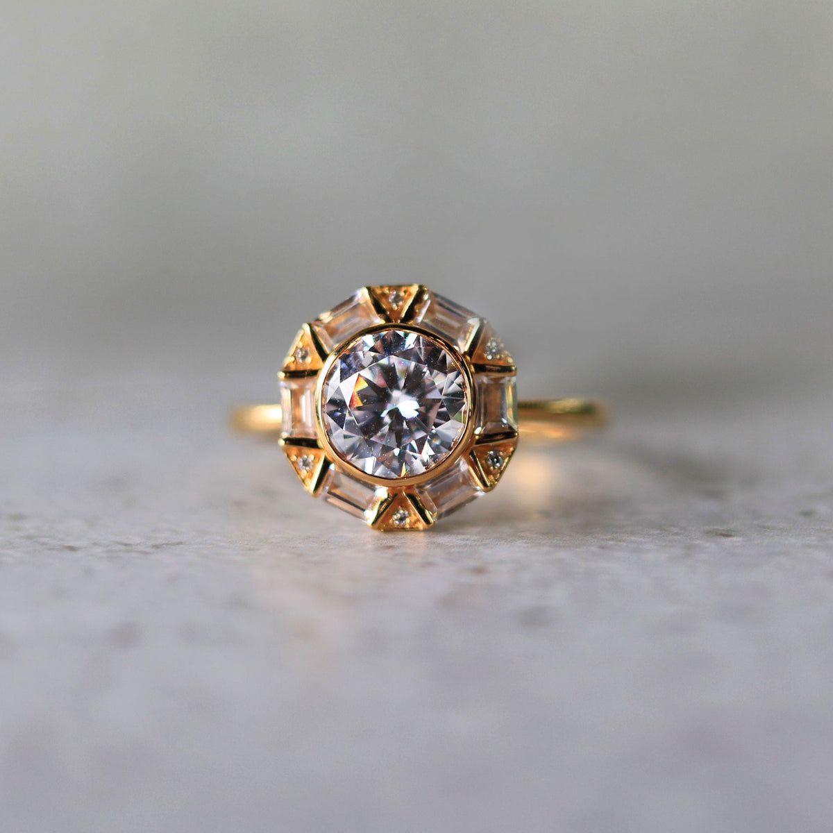 Geometric-Inspired Diamond Halo 14K Yellow Gold Engagement Ring
