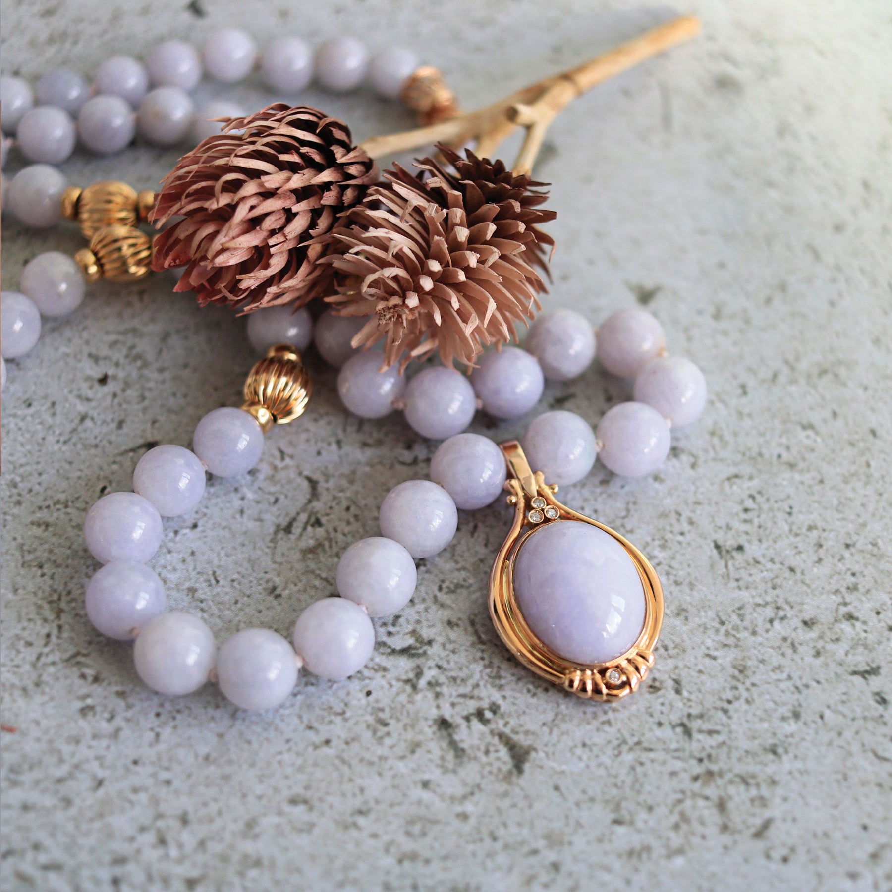 Cabochon Cut Lavender Jade and Diamond Enhancer Pendant & Necklace