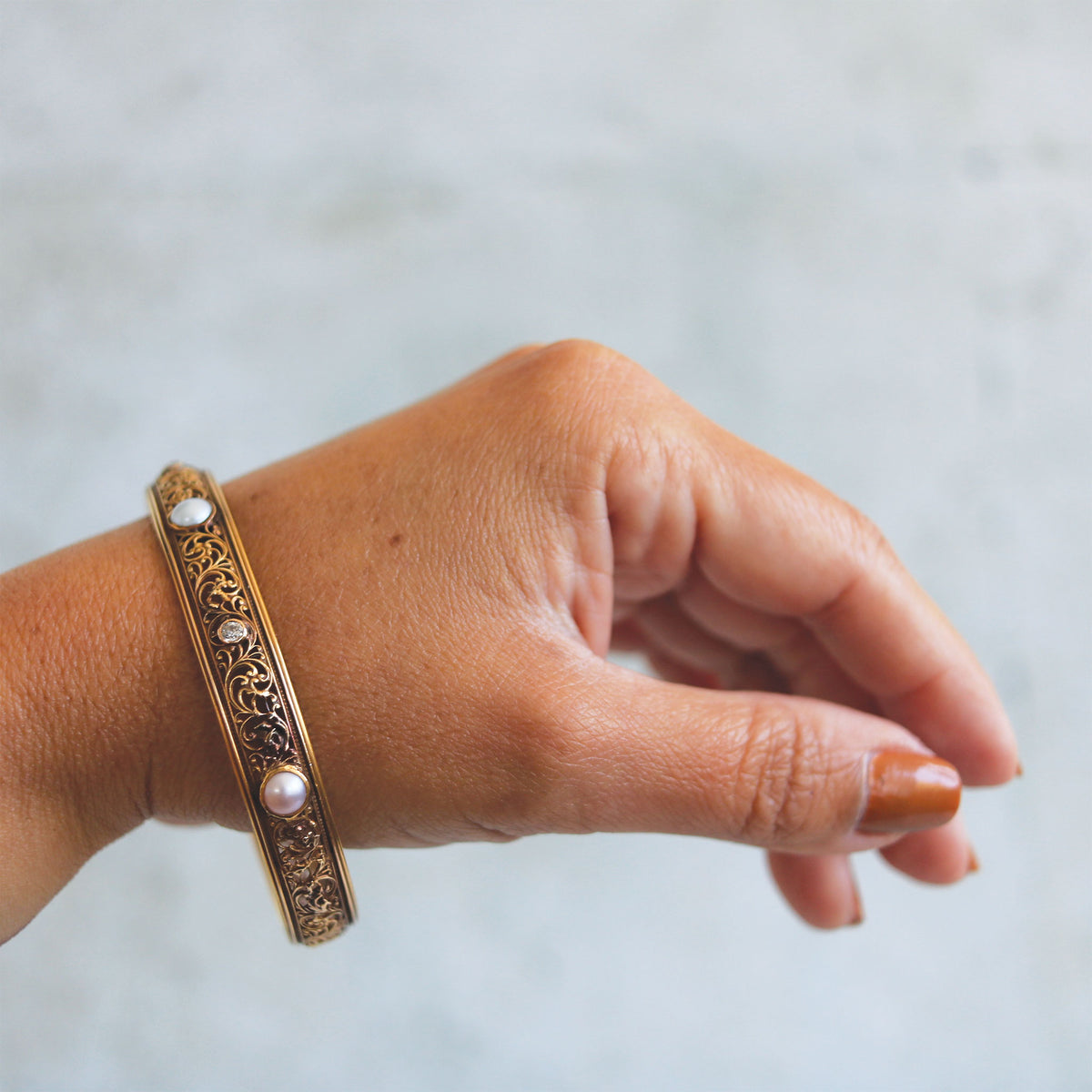 Old Mine Cut Diamond & Pearl Yellow Gold Bangle