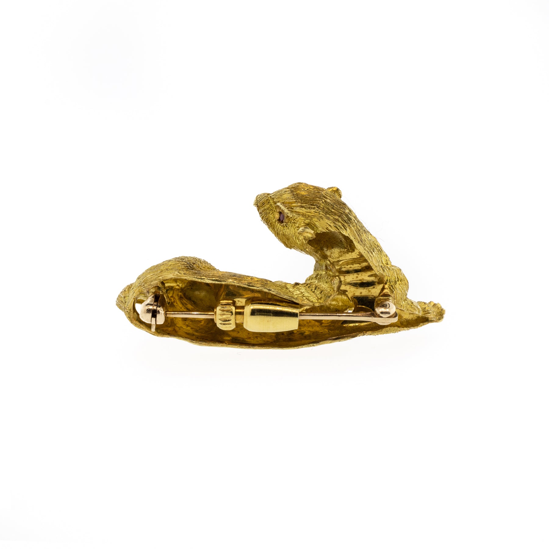 Diamond and Synthetic Ruby 18K Yellow Gold Otter Pin