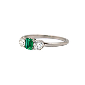 Art Deco Natural Emerald & Old Mine Diamond Platinum Ring