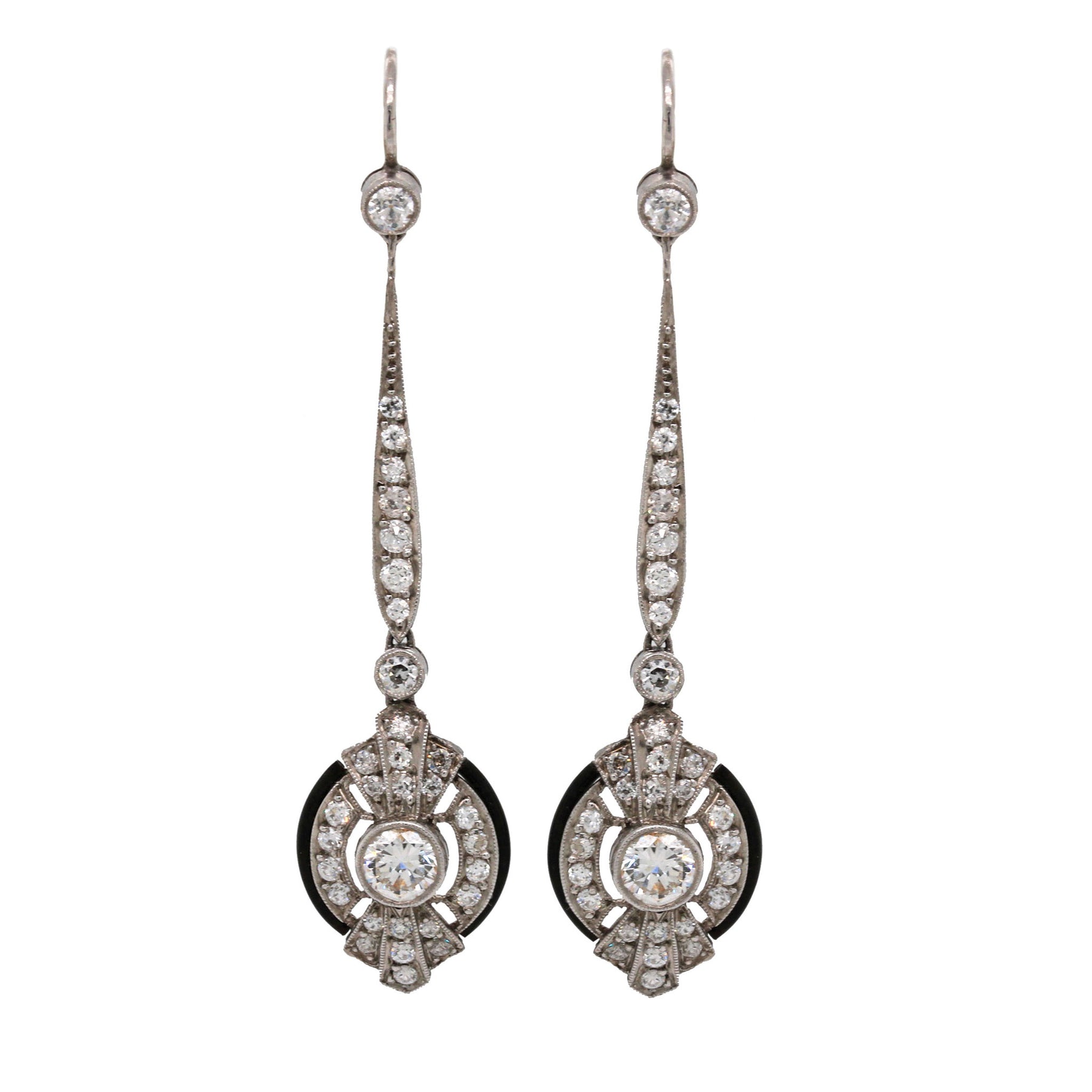 Art Deco Era Diamond & Black Enamel Dangle Earrings
