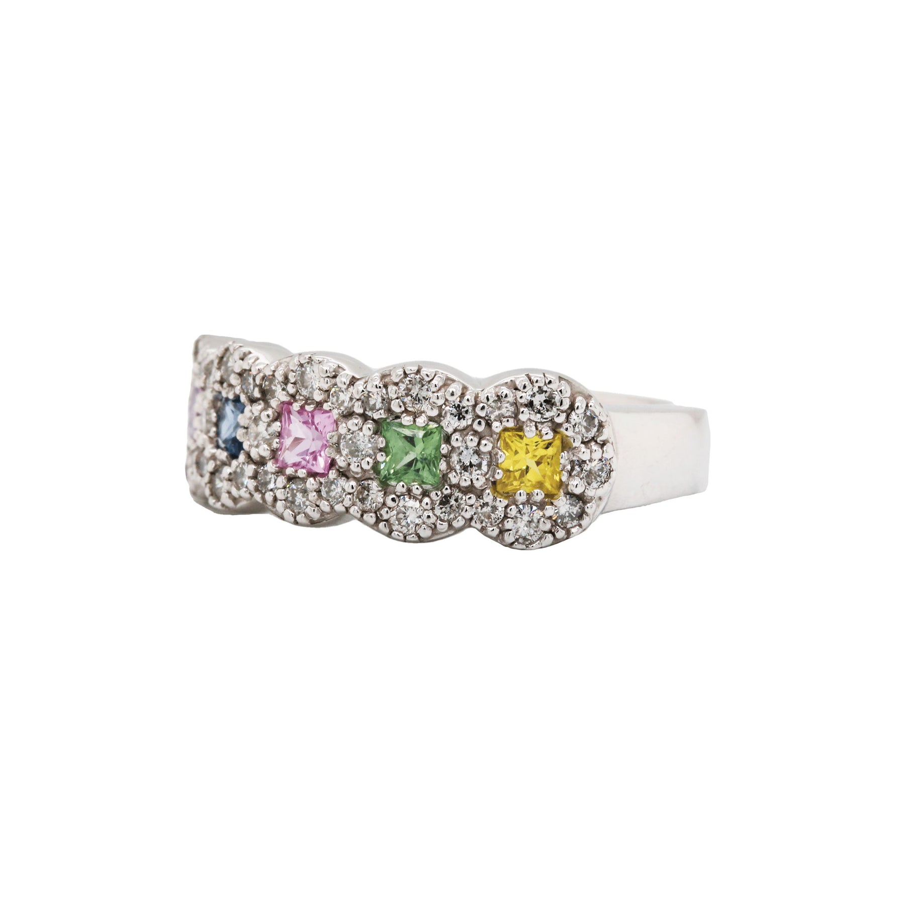 Five Stone Rainbow Sapphire & Diamond Halo Ring