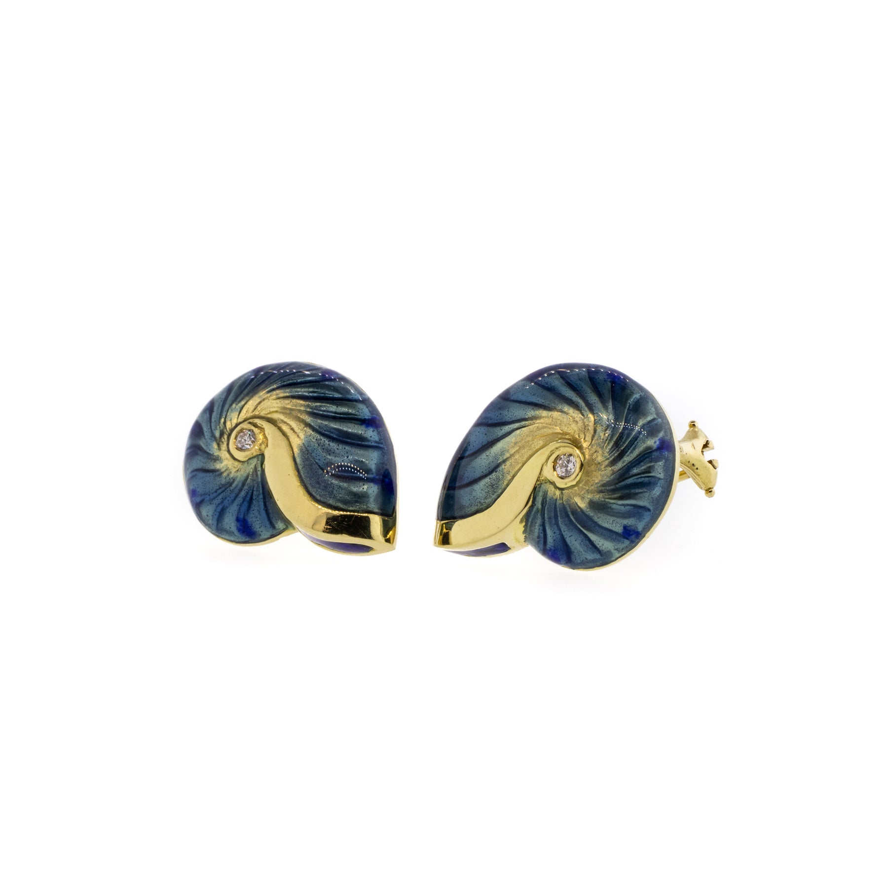 Diamond & Enamel Shell 18K Yellow Gold Earrings