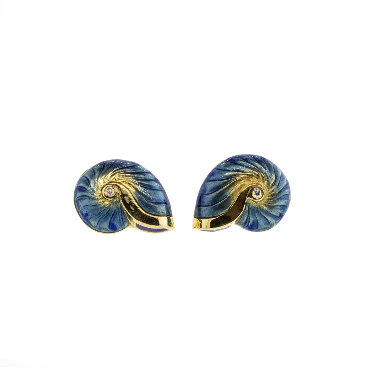 Diamond & Enamel Shell 18K Yellow Gold Earrings