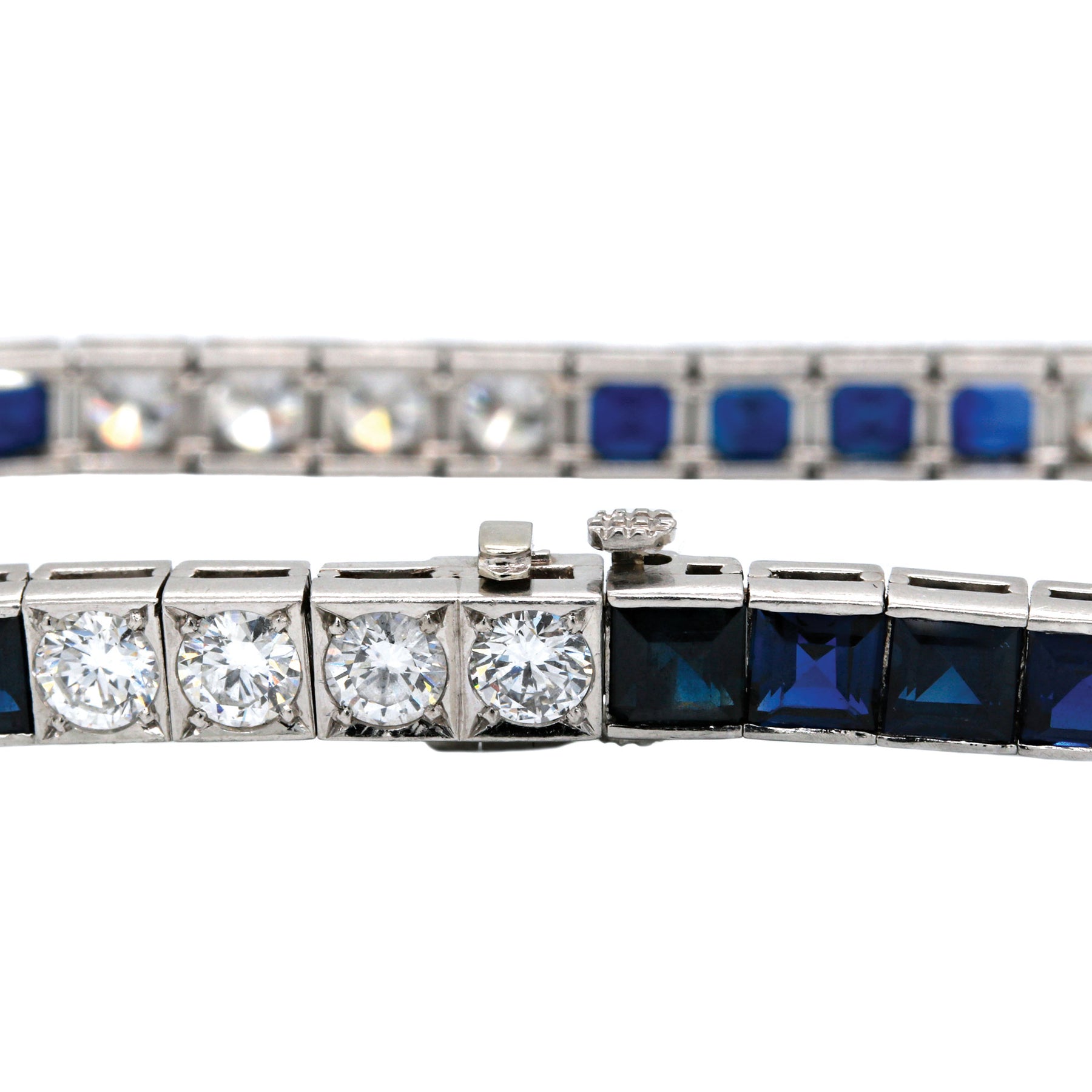 Mid-Century Blue Sapphire & Diamond Platinum Line Bracelet